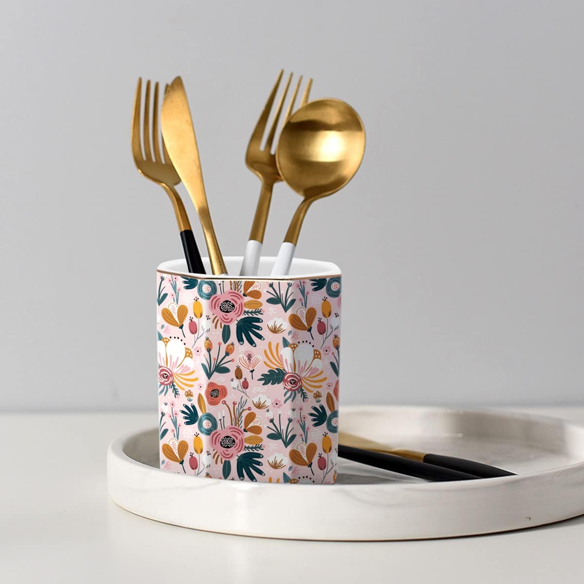 WAVEYU Ceramic Pen Holder for Desk Cute, Pencil Cup Pot Desk Organizer, Makeup Brush Holder for Women, Men, Kids, Desk Marble Decor for Office, Classroom, Home, Gray Golden