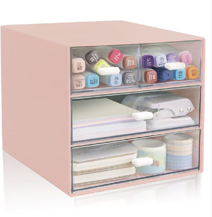 Desk Organizer with Drawer, Office Organizer with 4 Drawers, Desk Storage Box for, Desktop, Dressing table, Office, School, Home, Plastic Box and 4 Acrylic Drawers(White)