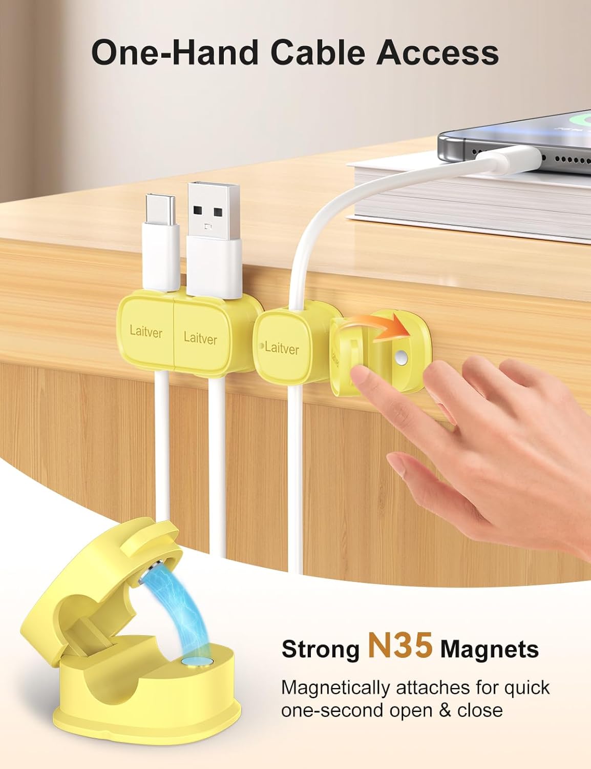 6 Pack Magnetic Cable Clips [1s Open/Lock], Laitver Cord Organizer Holder Strong Adhesive Desk Cable Management- Organize Charging Cords Neatly for Home, Office, Car,Desk, Nightstand