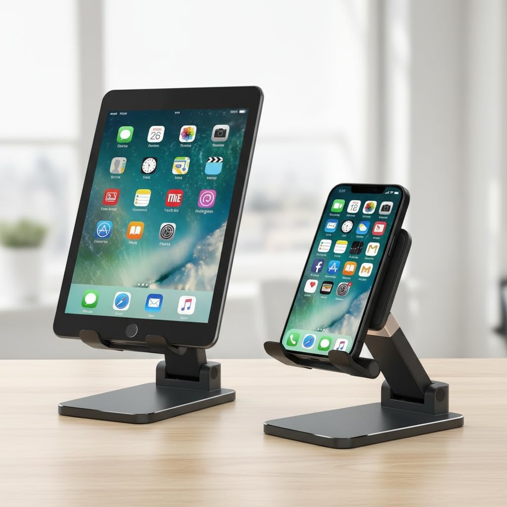 Adjustable Phone & Tablet Stand for Desk, Foldable Holder with Stable Base and Non-Slip Design, Compatible with iPhone, Android Phones and Tablets