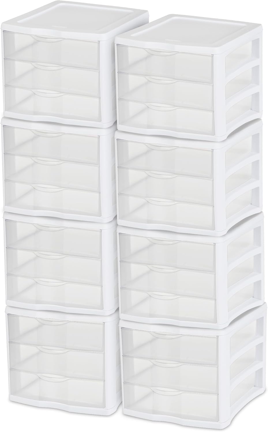 Sterilite 4-Pack 3 Drawer Unit, Stackable Plastic Organizer with Drawers, White Frame - Multi-Purpose Countertop Storage Containers for Office Supplies, Craft Rooms, Classrooms and Home Organization
