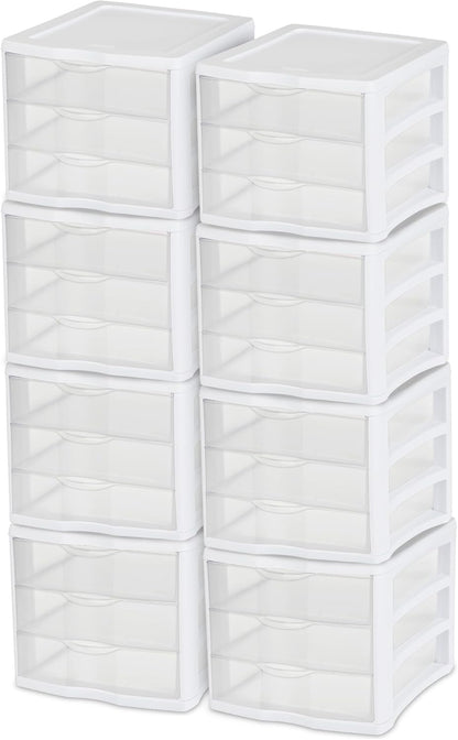 Sterilite 4-Pack 3 Drawer Unit, Stackable Plastic Organizer with Drawers, White Frame - Multi-Purpose Countertop Storage Containers for Office Supplies, Craft Rooms, Classrooms and Home Organization