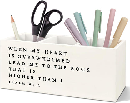 SNNDER Christian Pen Holder for Desk, Religious Christian Gifts for Women, Floral Boho Christian Bible Verses Wooden Pen Pencil Holder Organizer for Home Office Desk Accessories