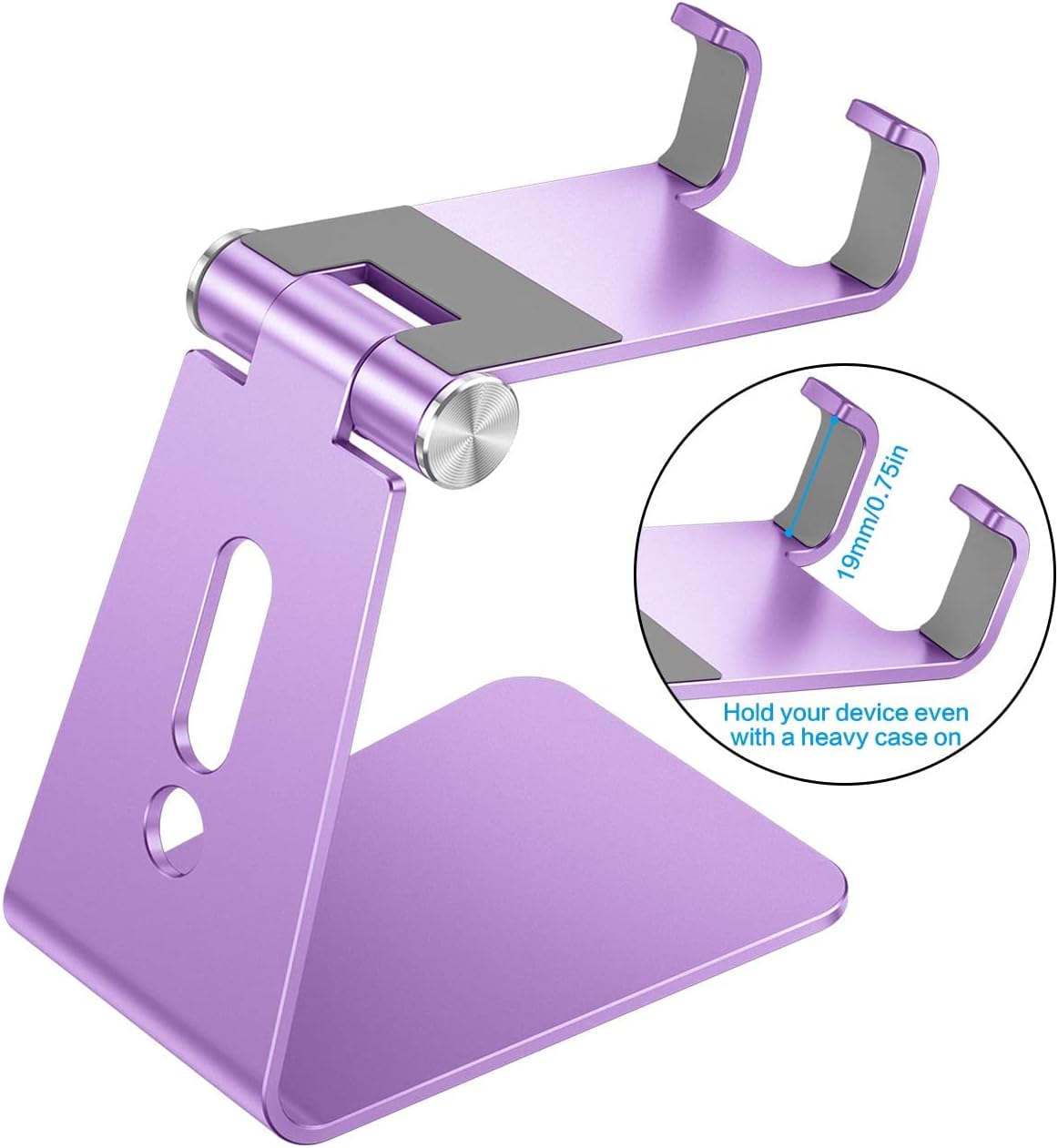 Adjustable Cell Phone Stand, OMOTON Aluminum Desktop Cellphone Stand with Anti-Slip Base and Convenient Charging Port, Fits All Smart Phones, Silver