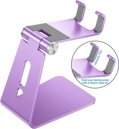 Adjustable Cell Phone Stand, OMOTON Aluminum Desktop Cellphone Stand with Anti-Slip Base and Convenient Charging Port, Fits All Smart Phones, Silver