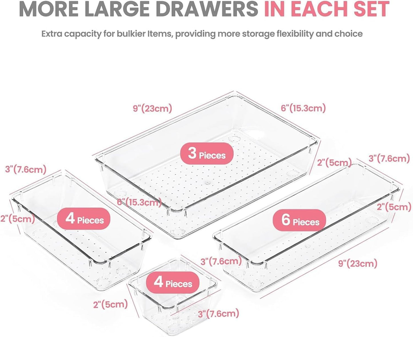 HOUSE DAY Makeup Drawer Organizer Trays 24 PCS, 4-Size Clear Drawer Organizers with Silicone Pads, Vanity Organizers and Storage, Non Slip Plastic Drawer Organizer for Desk, Bathroom, Kitchen, Office