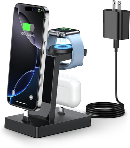30W Fast Charging Station for Apple Devices - ADADPU 3 in 1 USB C Charger Stand for iPhone 17 16 15 Pro Max Plus & AirPods 4,Wireless Charger Dock Compatible with Apple Watch Ultra/10/9/8/7/6/5/4/3/SE