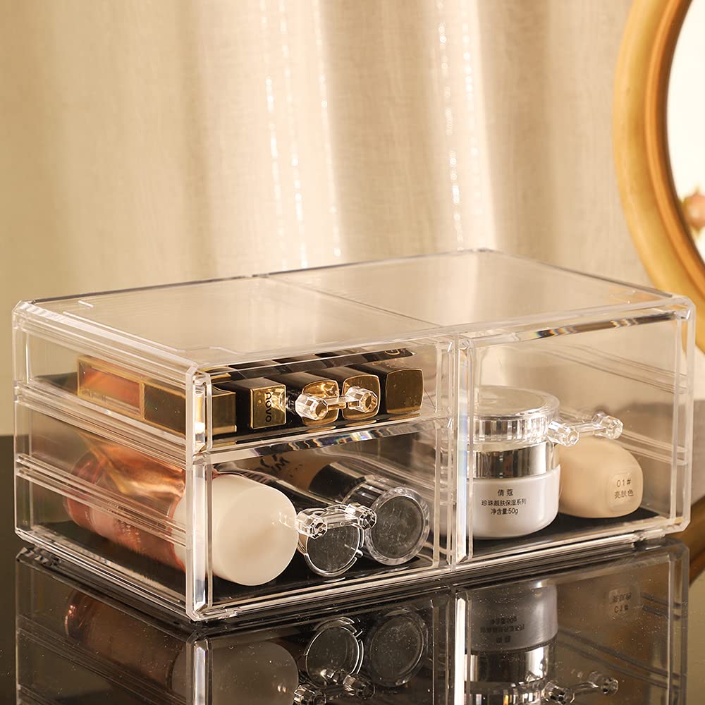 Cq acrylic Drawer Organizer with 3 Long Drawers,Stacking Office Supply Organizer and Desk Pen Storage and Stationary Organizer,Clear Makeup Storage Organizer for Palettes,Cosmetic, Beauty for Vanity