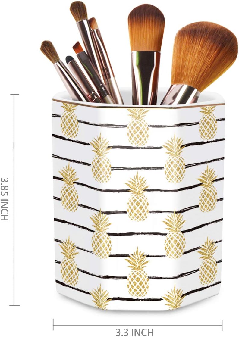 WAVEYU Ceramic Pen Holder for Desk Cute, Pencil Cup Pot Desk Organizer, Makeup Brush Holder for Women, Men, Kids, Desk Marble Decor for Office, Classroom, Home, Gray Golden
