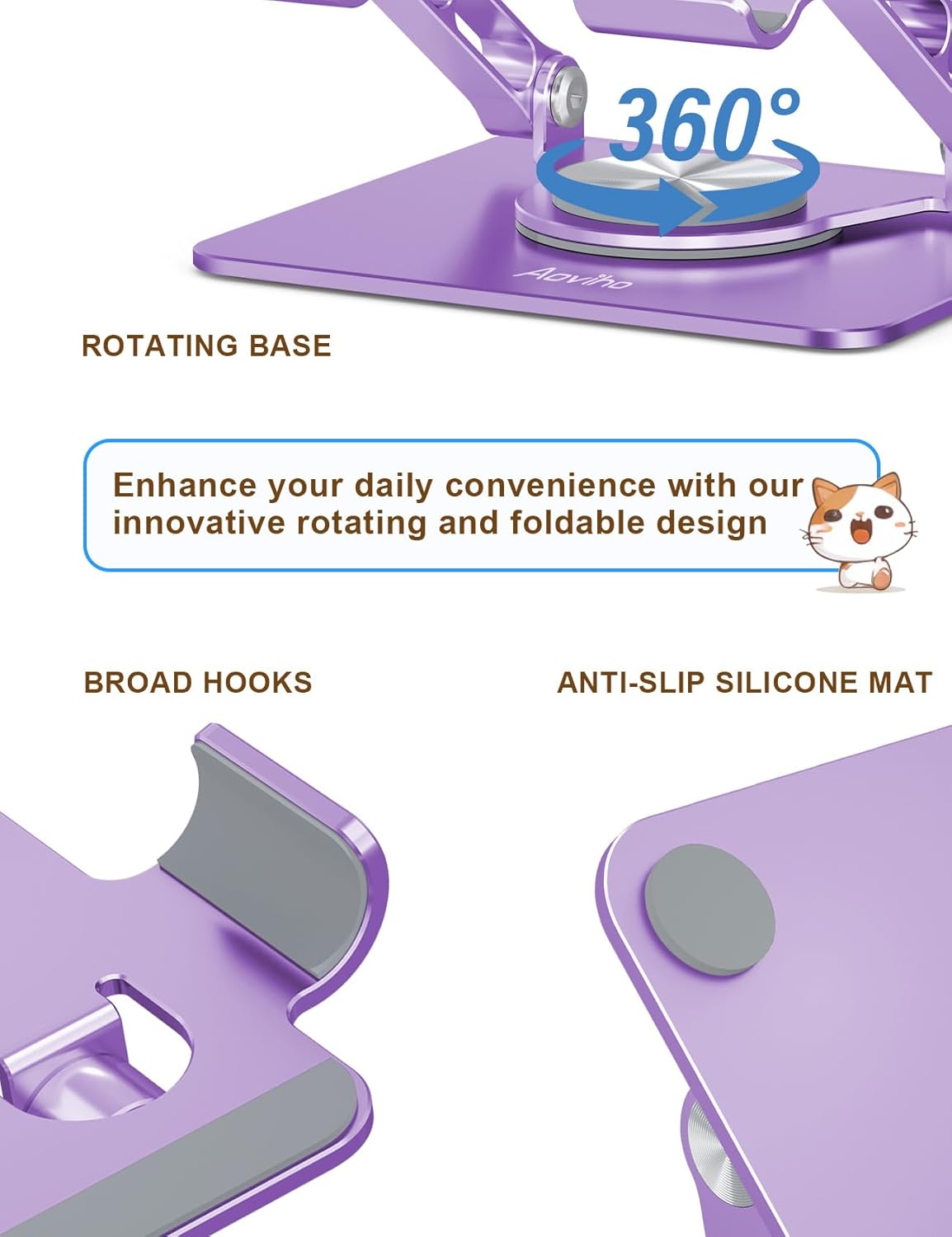Aoviho Tablet Stand 360° Rotating Aluminum Holder - Adjustable, Portable & Foldable Monitors Stand for iPads, Compatible with 4-13.3" Tablets, Purple