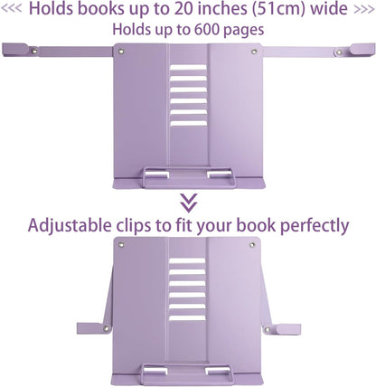 Metal Desk Book Stand for Reading with Adjustable Clips, Hands-Free Foldable Book Holder for Kids, Portable Document Stand for Desk, Display Stand for Recipes, Cookbooks, Tablets - Purple