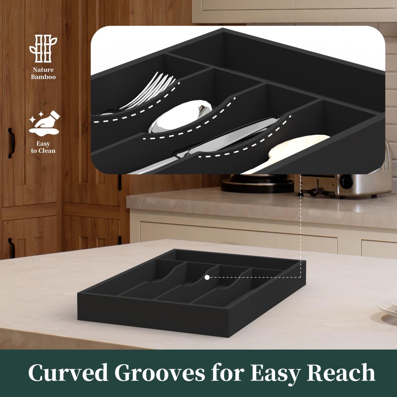 Small Silverware Organizer, Bamboo Kitchen Drawer Organizer, Utensil Holder, Cutlery Tray & Spoon Flatware Storage with Grooved Drawer Dividers (6.7''W x 12''D)