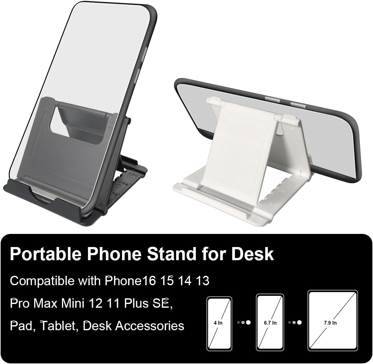 POQOD 2 Pack Cell Phone Stand, Foldable Phone Holder for Desk Compatible with Phone 15 14 13 12 11 Pro Xs Xs Max Xr X 8, Nintendo Switch, All Phones, Black & White