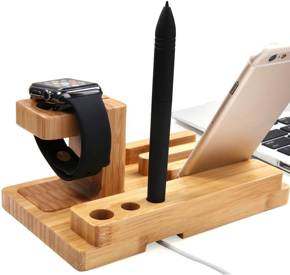 Bamboo Wood Multi-Device Desktop Charging Dock Station Charger Holder Cradle Charge Stand for iPhone 16 15 14 13 12 11 Pro Max iWatch 2 3 4 5 Compatible with iPad Mini Air Pro 2 3 Smartphones