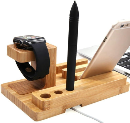 Bamboo Wood Multi-Device Desktop Charging Dock Station Charger Holder Cradle Charge Stand for iPhone 16 15 14 13 12 11 Pro Max iWatch 2 3 4 5 Compatible with iPad Mini Air Pro 2 3 Smartphones