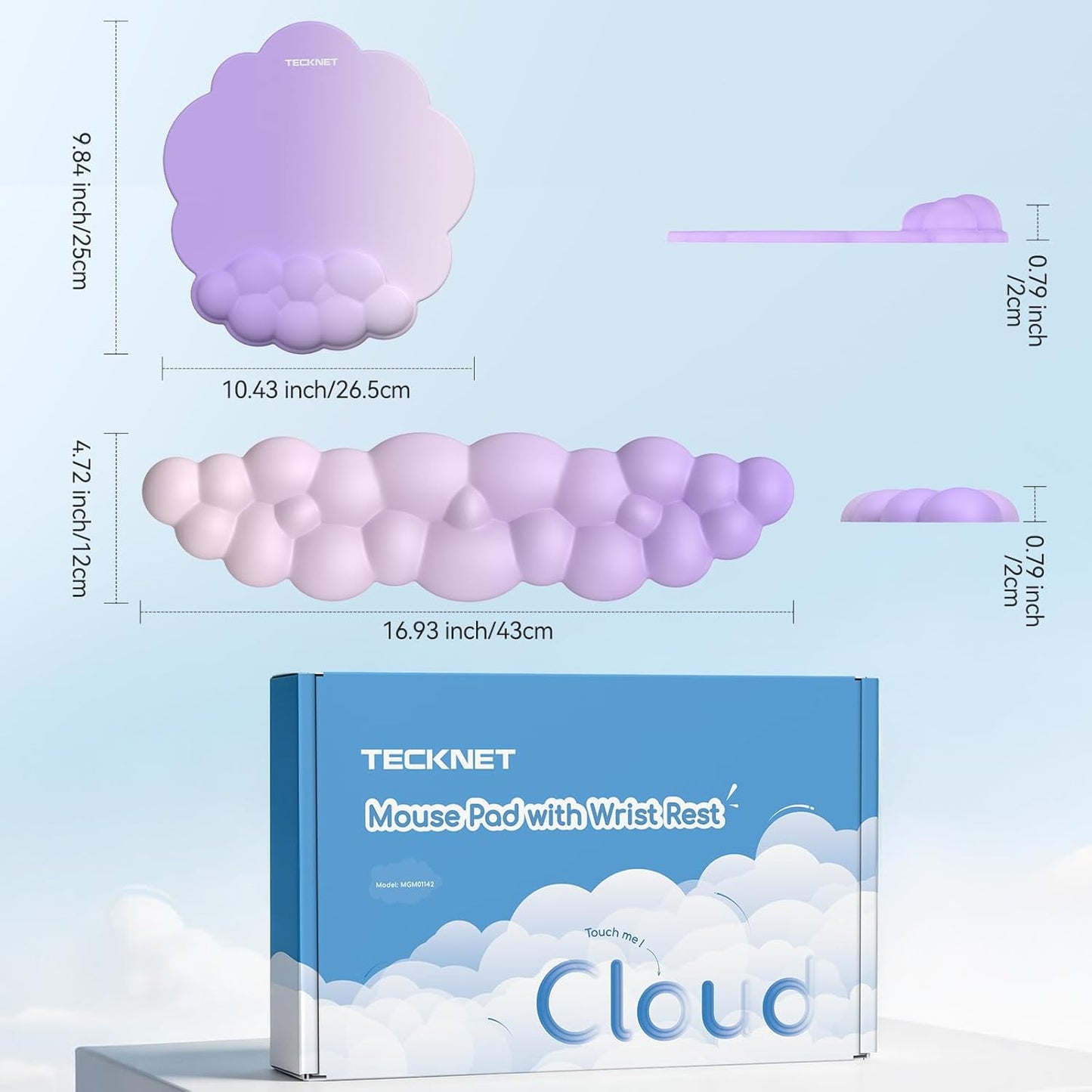 TECKNET Cloud Mouse Pad with Wrist Rest, Ergonomic Cloud Wrist Rest with Non-Slip Base, PU Leather Memory Foam Mouse Pad Wrist Support for Keyboard and Mouse, Pain Relief for Typing, Gaming, White