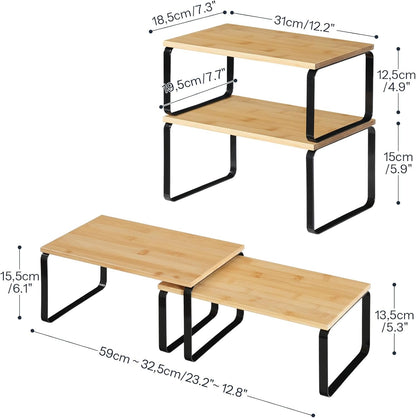 HOOBRO Cabinet Organizer Shelf, Set of 2 Kitchen Counter Shelves, Expandable Kitchen Storage, Stackable Bamboo Spice Rack, for Kitchen, Countertop, Office Desk, Bathroom, Natural and White YW30TL01
