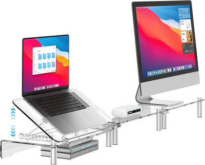 RQUOIRE Ergonomic Pink Acrylic Dual Monitor Stand with Adjustable Laptop Riser, Compatible with Desktop, Printer, TV and More Devices,monitor riser holder suitable for 2 monitors