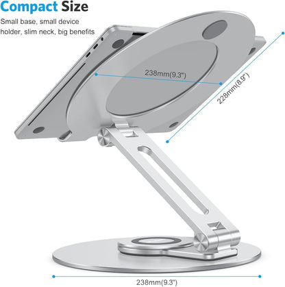 OMOTON Adjustable Laptop Stand with 360 Rotating Base, Ergonomic Laptop Riser for Collaborative Work, Dual Rotary Shaft Fully Foldable for Easy Storage, Fits All Laptops up to 16 inches, Silver