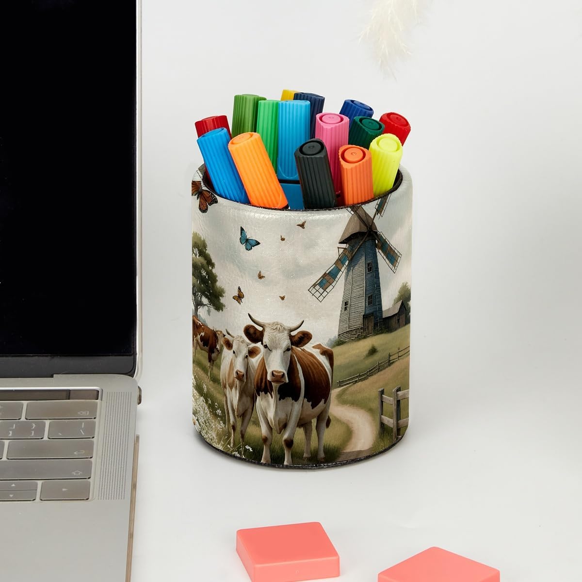 Leather Pen Holder for Desk, Love Cherry Pencil Organizer Pencil Cup Desk Decor Makeup Brush Holder Multifunctional Office Supplies for Home,Office, School