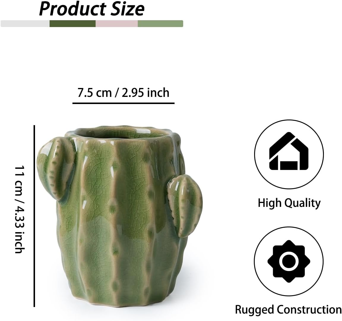 Ceramic Cactus Pen Holder, Cactus Decor Cute Pencil Holder, Makeup Brush Holder for Home, Office Desk Accessories(Dark Green)