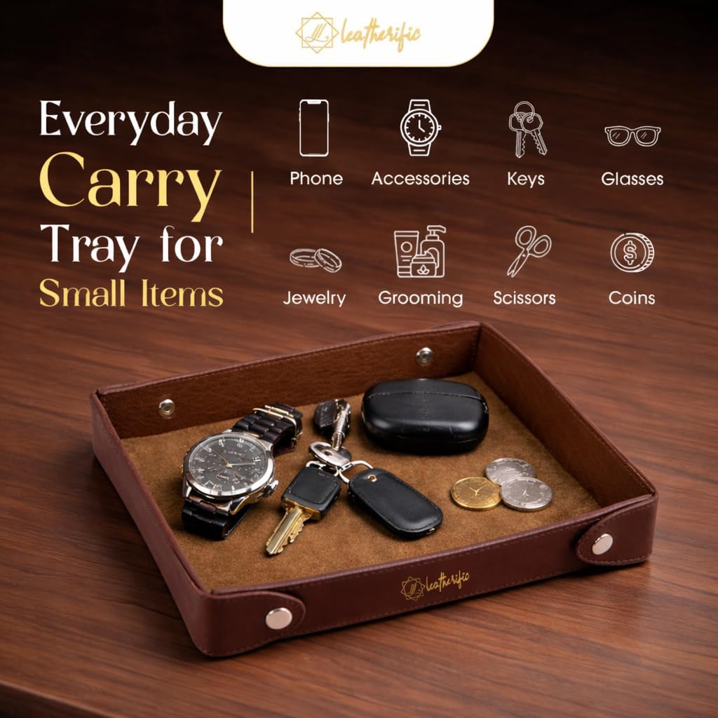 Luxe Genuine Leather Valet Chronicle Tray | Premium Handmade Multipurpose Catchall Tray, Coin Watch Key Trinket Dish for Home Office Desk, Nightstand Entryway (Russet, 11 x 9 x 1.5)