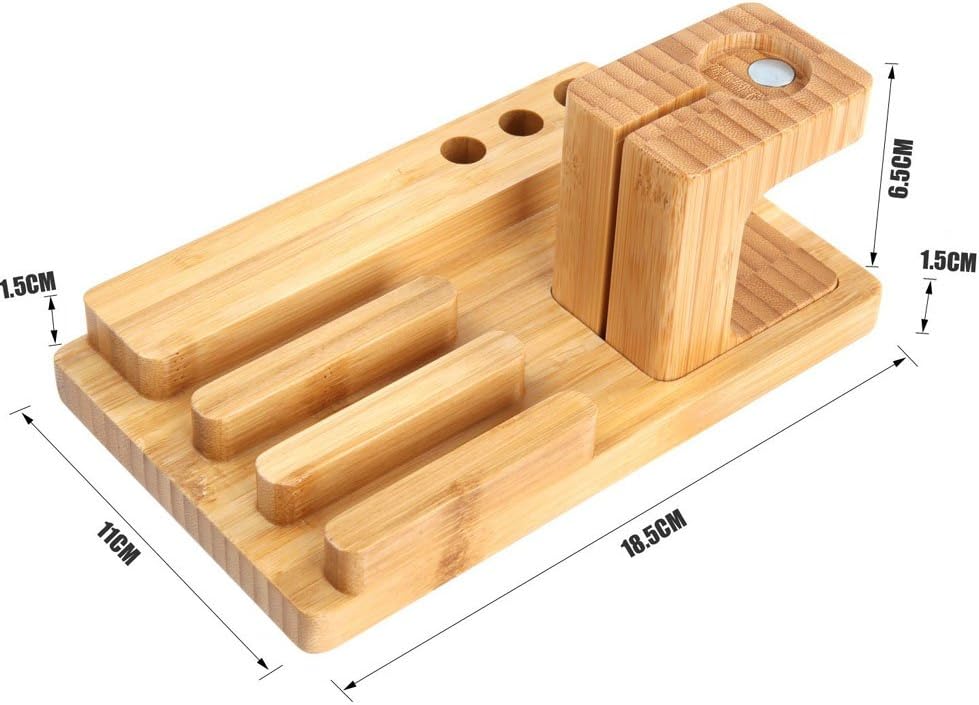 Bamboo Wood Multi-Device Desktop Charging Dock Station Charger Holder Cradle Charge Stand for iPhone 16 15 14 13 12 11 Pro Max iWatch 2 3 4 5 Compatible with iPad Mini Air Pro 2 3 Smartphones