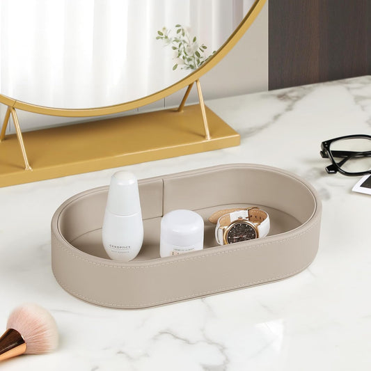 Oval Desk Valet Tray, PU Leather Perfume Dish Bowl for Keys Wallet Watch, Decorative Trinket Vanity Jewelry Tray, Entryway Nightstand Organizer Women Men (Black)
