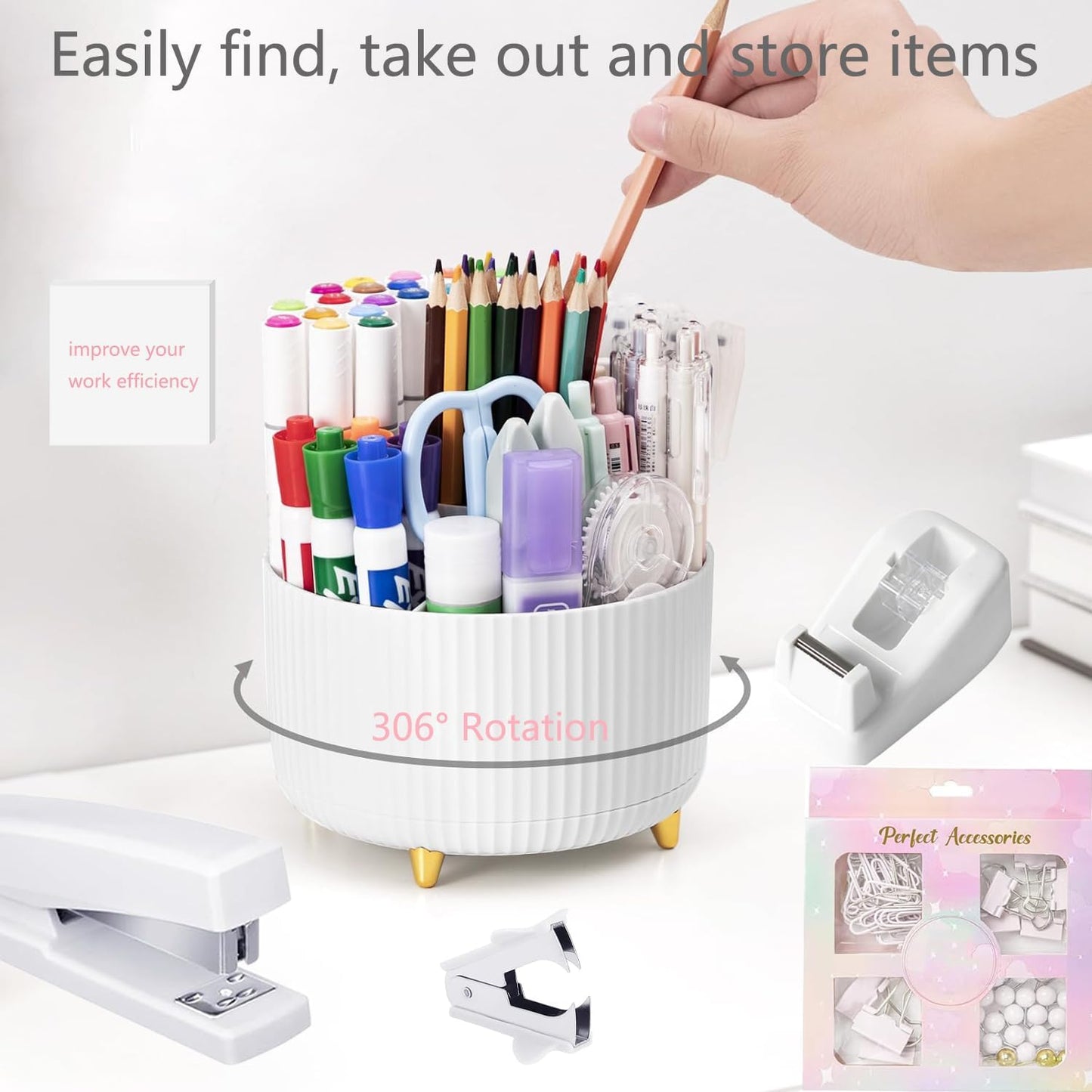 suniya Office Supplies,Gold Desk Accessories,with Stapler,Tape Dispenser,Pen Holder,Scissors,Phone Stand,Staple Remover,Ballpoint Pen,Clear Tape, Staples,Ruler,Clips,Best Gift for Business or Boss