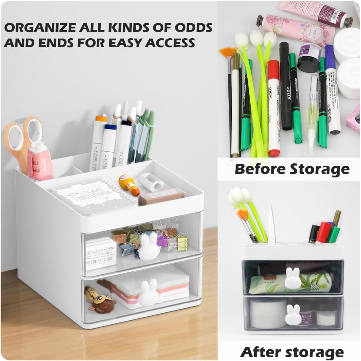 3 Layer Plastic Storage Drawer Bunny Transparent Cosmetic Organizer Rabbit Makeup Organizer Storage Container for Office School Home（White）