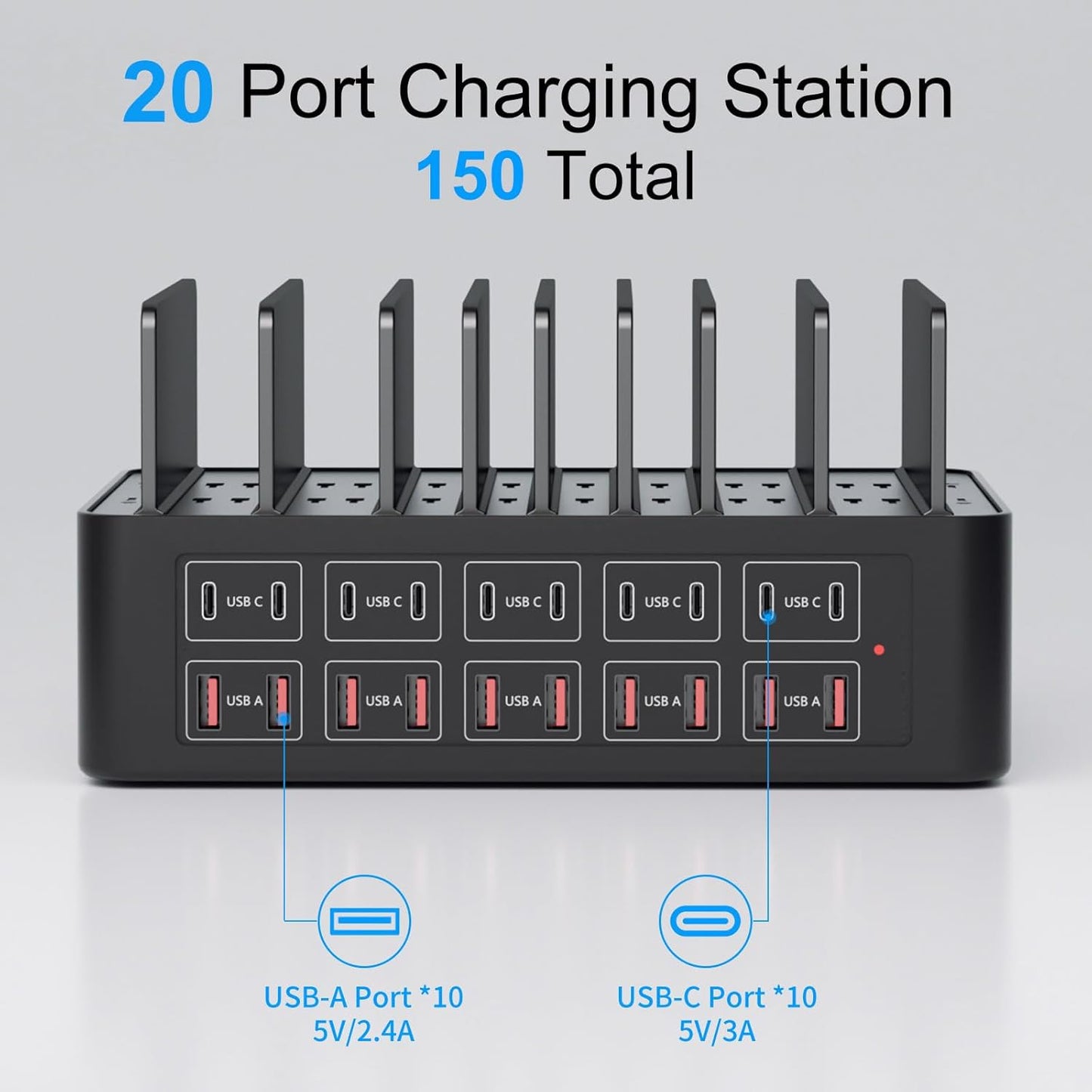 150W/35A Charging Station for Multiple Devices, 20 Port USB C Fast Charging Station with Adjustable Dividers - Organizer Charging Dock for Smartphone, iPad, Kindle, Tablet & More