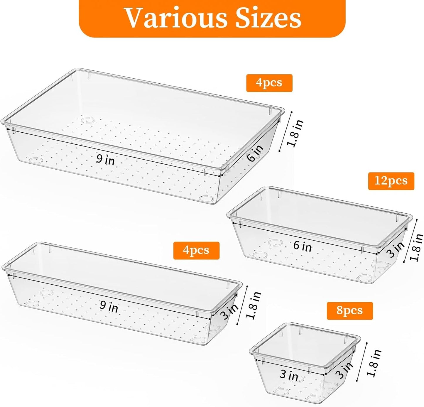 StorMiracle 32 PCS Clear Plastic Drawer Organizer Set, 4-Size vanity organizer Trays and Storage Bins for Makeup, Jewelry and Gadgets in Bedroom, Bathroom and Office, Clear