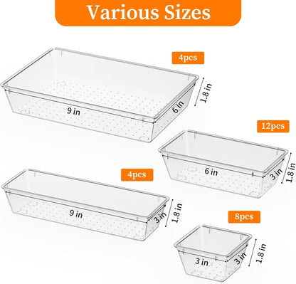 StorMiracle 32 PCS Clear Plastic Drawer Organizer Set, 4-Size vanity organizer Trays and Storage Bins for Makeup, Jewelry and Gadgets in Bedroom, Bathroom and Office, Clear