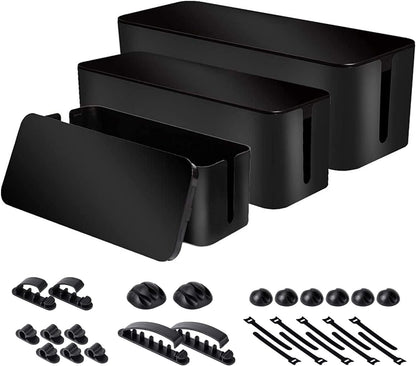 Cable Organizer Box Set of Three, Power Cover Cord Holder Surge Protector for Desk (Black)