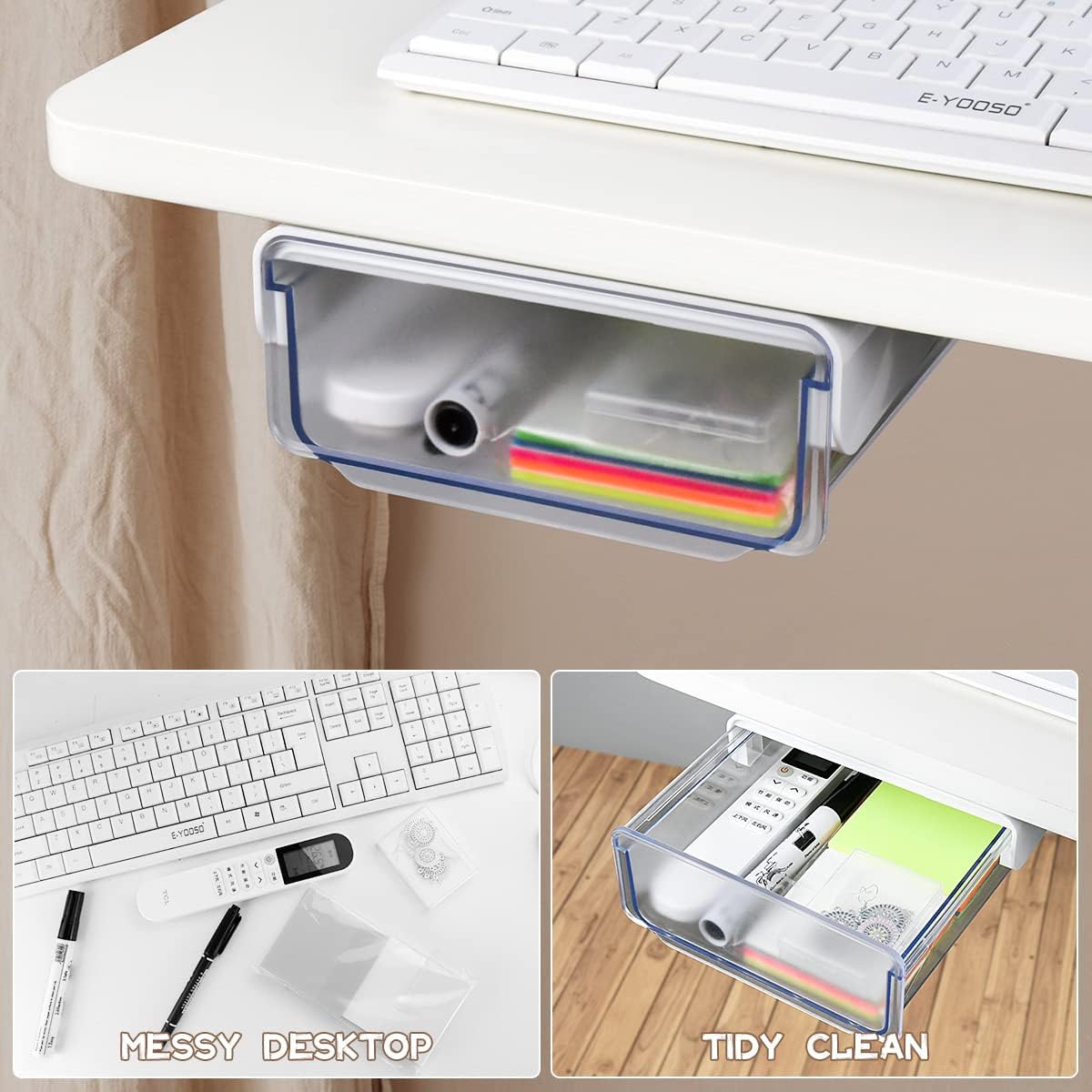 yuntop 1 Pcs Under Desk Drawer, Under Table Hidden Organizer, Plastic Self-adhesive Slide out Under Desk Storage Drawer for Office Dresser Home School Stationery Kitchen (Black)