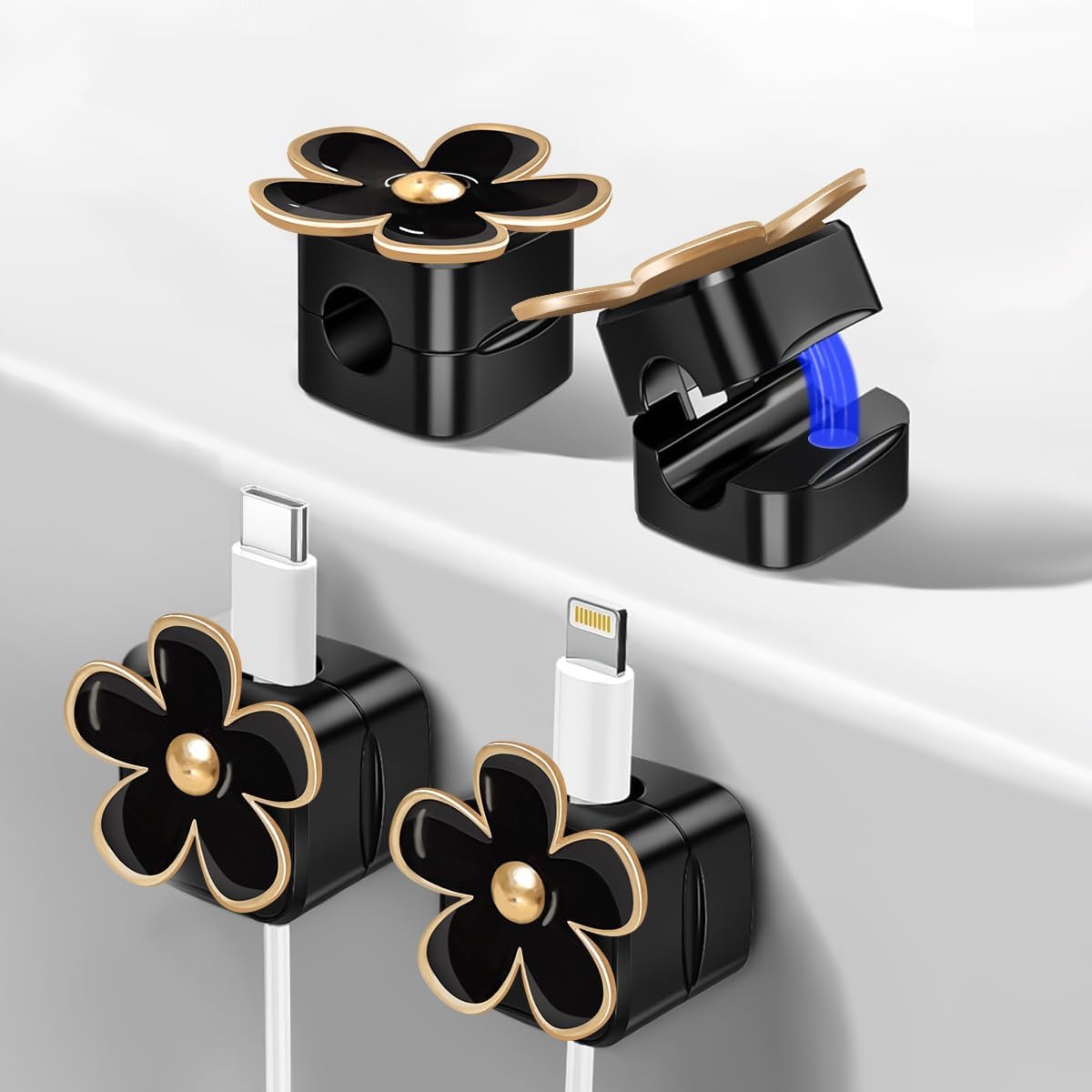 Magnetic Cord Organizer, Easy Secure Adhesive Cable Management, Wire Holder Organizer, Hide Or Organize Phone USB Charger Cable Clips for Home,Office,Car,Desk,Nightstand (White Flower-8 Pack)