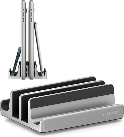 Vertical Laptop Stand - SPACEMax Adjustable GRIPLock Anti-Tip Silicone 4 Slots Aluminum Desktop Holder - Double Dock Stand - 2 Phone Slots Fits Up to 17.3” Laptops, Tablets, Phones - Black