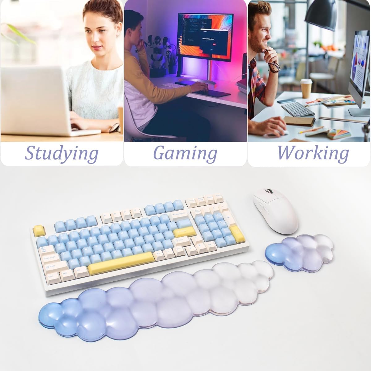 Gel Keyboard Wrist Rest Cloud Set, Clear Ergonomic Wrist Support and Arm Support Keyboard Rest for Typing Pain Relief, with Non-Slip Soft Washable Wrist Rest(Pink Blue)