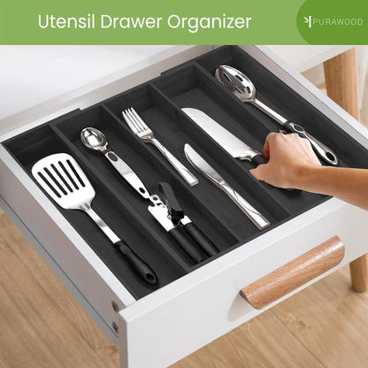 Purawood Kitchen Drawer Organizer - Expandable Utensil Drawer Organizer for Kitchen, Cutlery Tray & Silverware Organizer, 3-5 Slots - Bamboo Organizer for Utensils & Flatware (Natural)