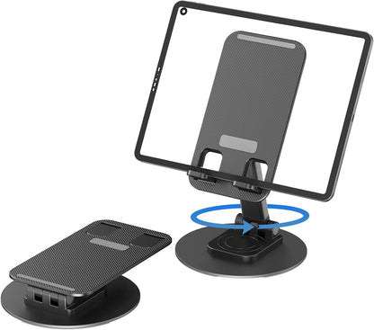 360° Rotating Cell Phone Stand for Desk, Adjustable & Foldable Phone Holder, Aluminum Desktop Phone Stand with Anti-Slip Base, Compatible with iPhone, iPad, Android Phones, K69-Black