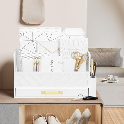WISUCART Bamboo Desk Organizer Mail Holder Countertop Wood Desk Drawer Tabletop Storage Box Pen Holder Letter Sorter Makeup Organizer for School Home Office Supplies with Pen Holder White