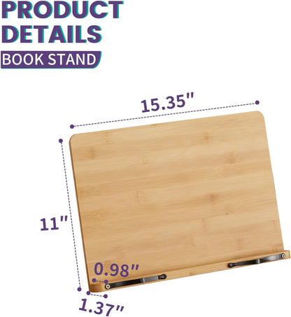 Bamboo Book Stand, Adjustable Reading Holder with Page Clips, Portable Lightweight Desk Stand for Textbooks, Cookbooks (Small)