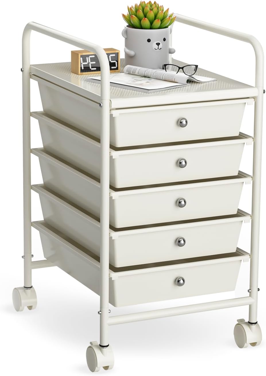 4-Tier Utility Cart with 4 Drawers, Rolling Utility Cart with 2 Lockable Caster Wheels, Multipurpose Mobile Rolling Drawer Cart for Office Bathroom Kitchen, Ivory White