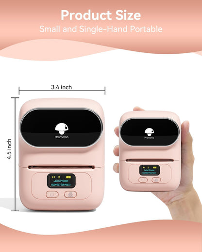 Phomemo Label Printer M110- Small Address Label Maker Bluetooth No Ink Portable for Small Business, Address, Office, Home for Phone; for PC/Mac(USB), with 100 Labels, Baby Pink