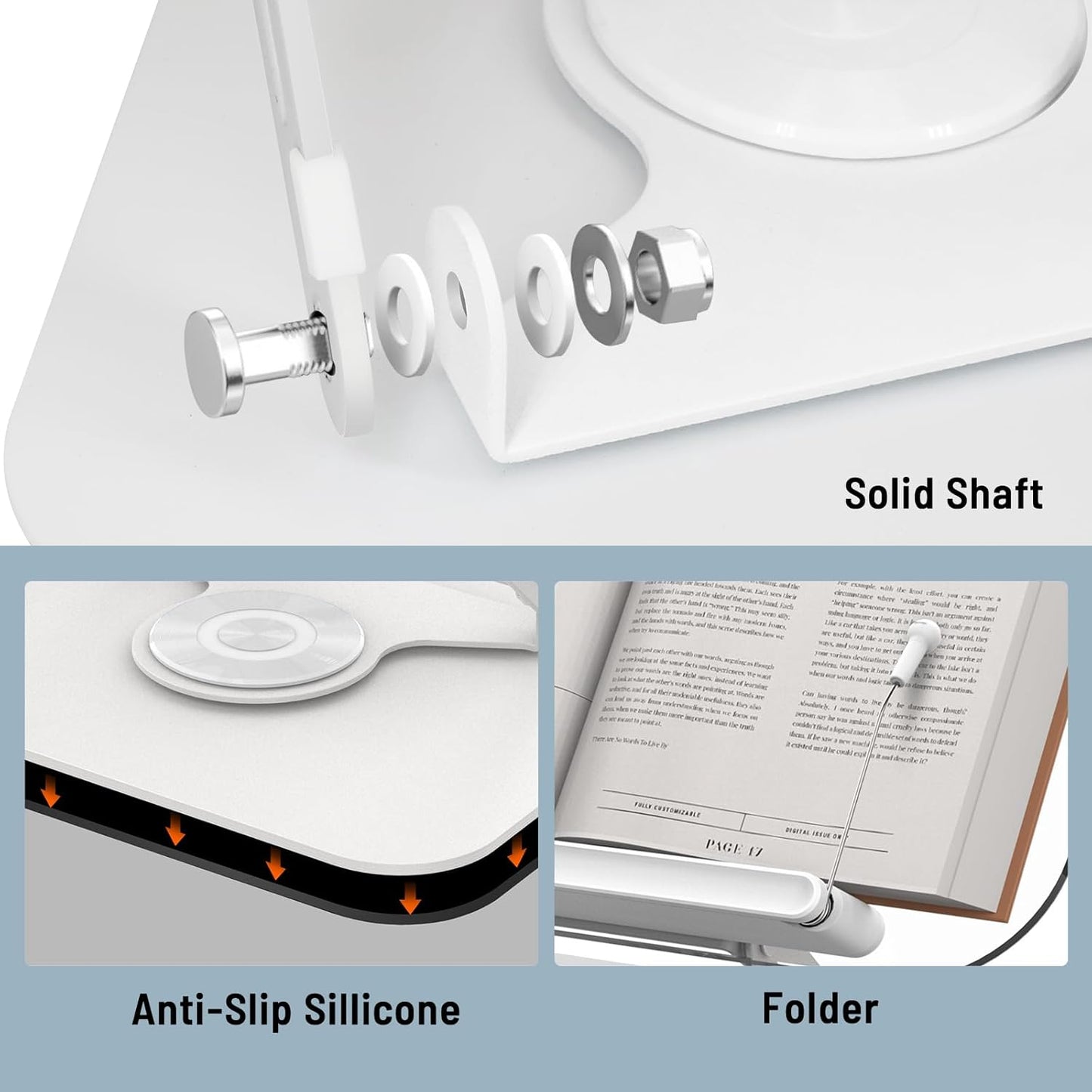 Acrylic Book Stand for Reading Hands Free - Adjustable 360° Rotating Cookbook Holder with Elastic Page Clips & Foldable Base, Multi-Angle Desktop Display Stand for Recipes, Textbooks, Tablets, Bibles