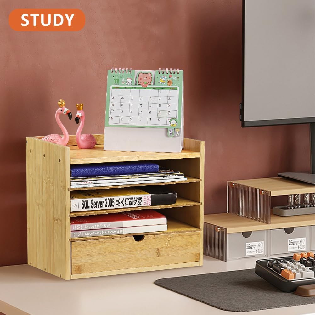 KKTONER 5-Tier Bamboo Desk Organizer with Drawer Tabletop File Organizer Document Holder with Shelf Desktop Cabinet for Home Office School Supplies (Natural)