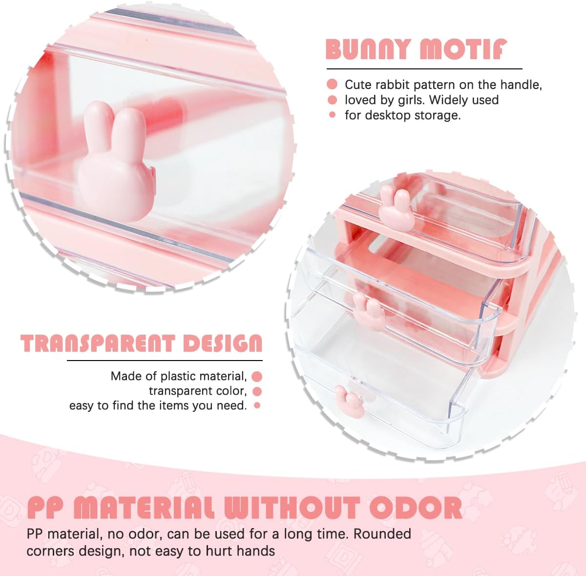 3 Layer Plastic Storage Drawer Bunny Transparent Cosmetic Organizer Rabbit Makeup Organizer Storage Container for Office School Home（White）