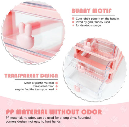 3 Layer Plastic Storage Drawer Bunny Transparent Cosmetic Organizer Rabbit Makeup Organizer Storage Container for Office School Home（White）