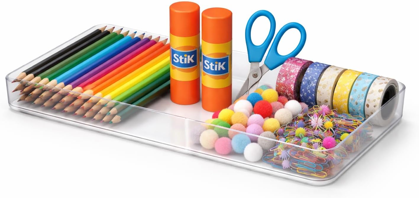 primebox Plastic Clear Drawer Organizers. Bathroom. Kitchen, Bedroom, Utensils, Office Organizer Bins, Storage Trays. Stackable. 9" x 6" x 2" Set of 6