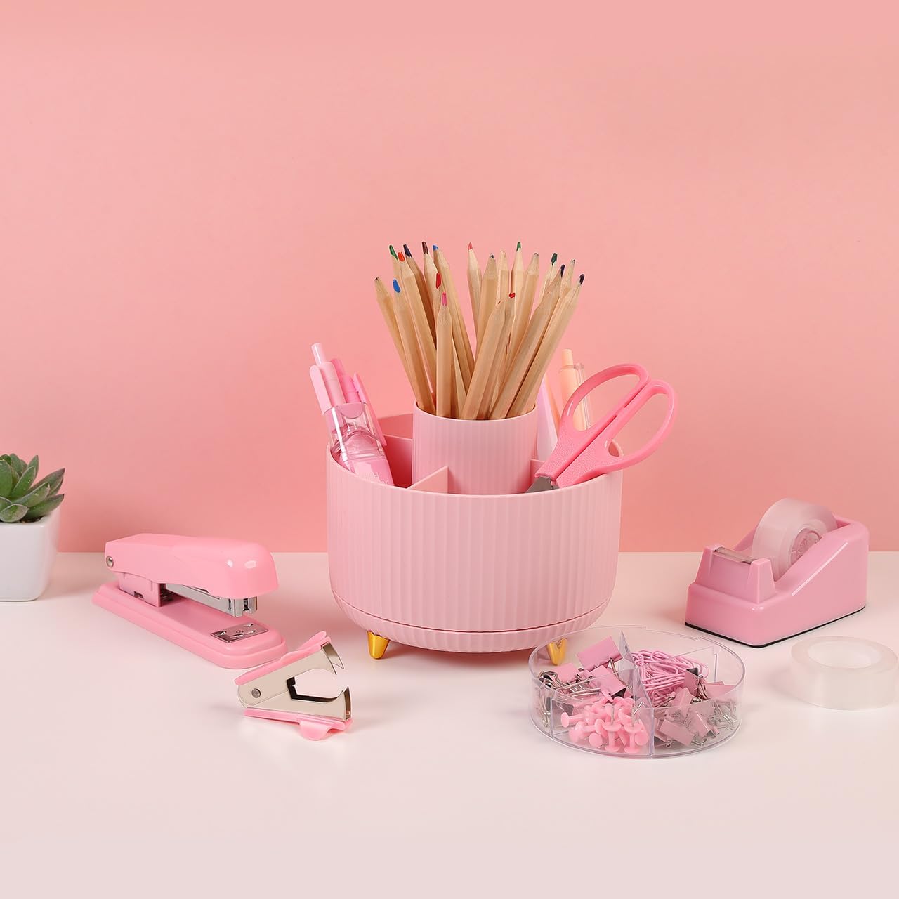 SKYDUE Pink Desk Accessories 10Pcs, Rotating Pen Holder for Desk, Stapler, Staple Remover, Tape Dispenser,2pcs Tape Refills, Binder Paper Clips Kit, Scissor,Pink Office School Supplies